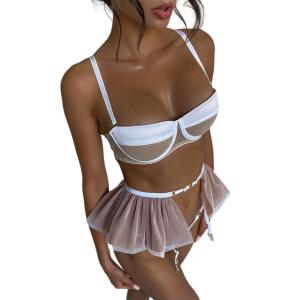 Sexy Skimpy Lingerie With 3 Piece Lace, Suspenders, Thong