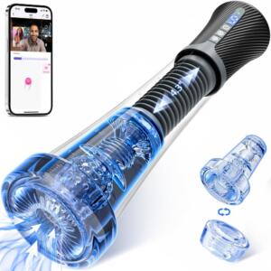 App-controlled sucking vibrating male masturbator cup with transparent sleeve and phone remote