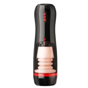 Automatic telescopic male masturbator cup with black shell red accents and clear window