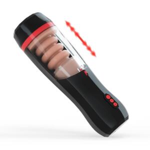 Hands-free thrusting male masturbator showing telescopic stroking motion through clear chamber